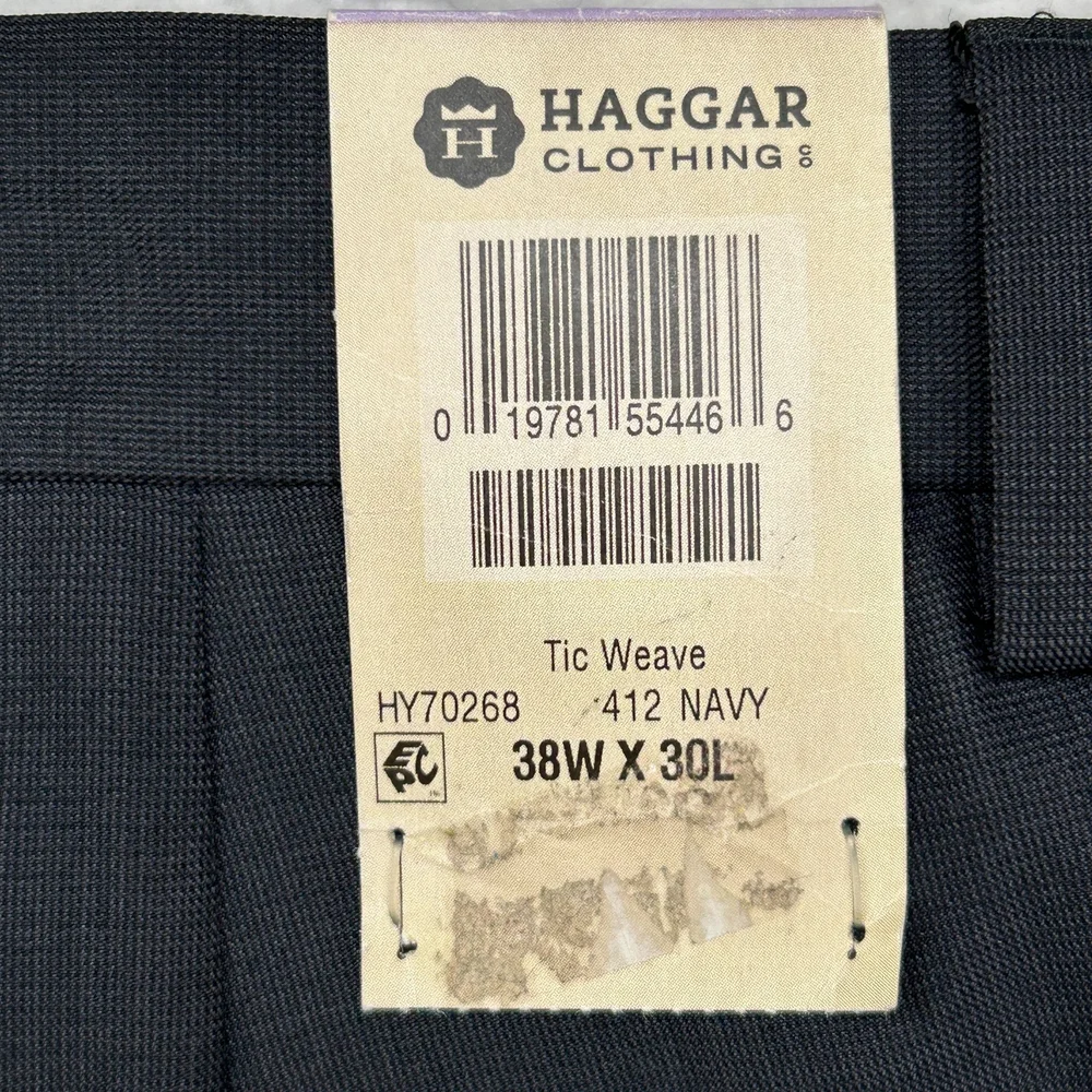 Haggar Pants Mens 38x30 Tic Weave Classic Fit Dress Slacks Navy Blue HY70268